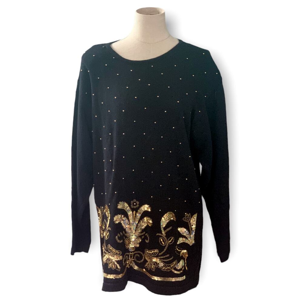 Vintage Womens Black and Gold Sequined Tunic  Long Sleeve Sweater Top Glamour
